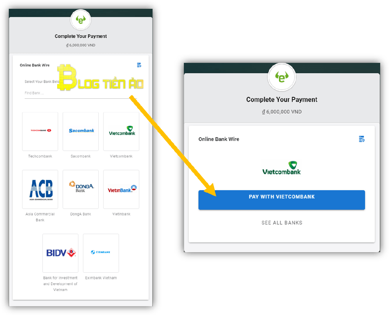 chọn ngân hàng và chọn pay with vietcombank