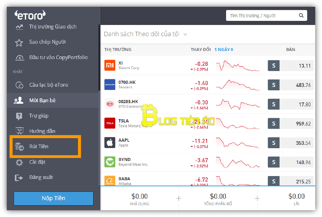 chọn rút tiền trên etoro