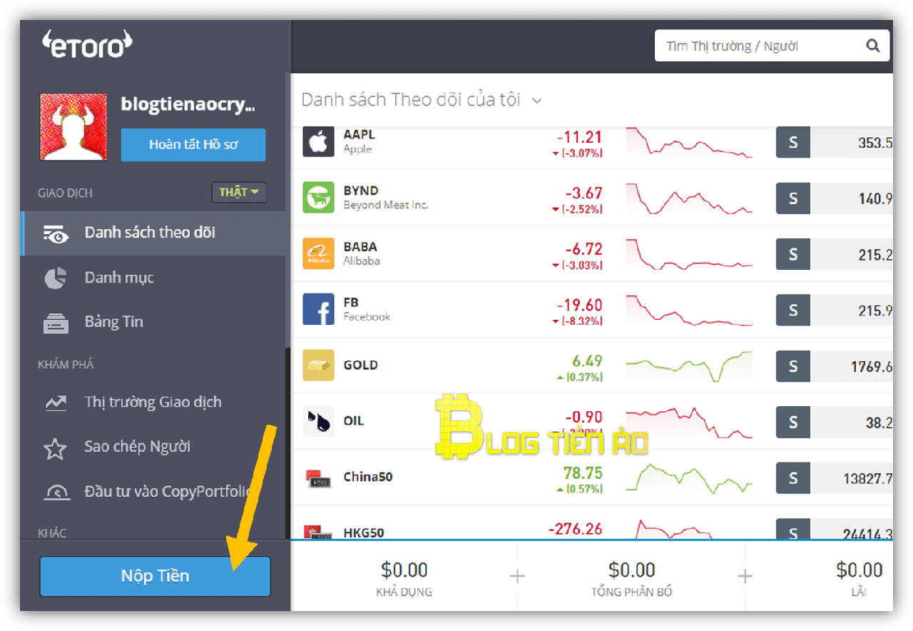 đăng nhập tài khoản etoro và chọn nút nộp tiền