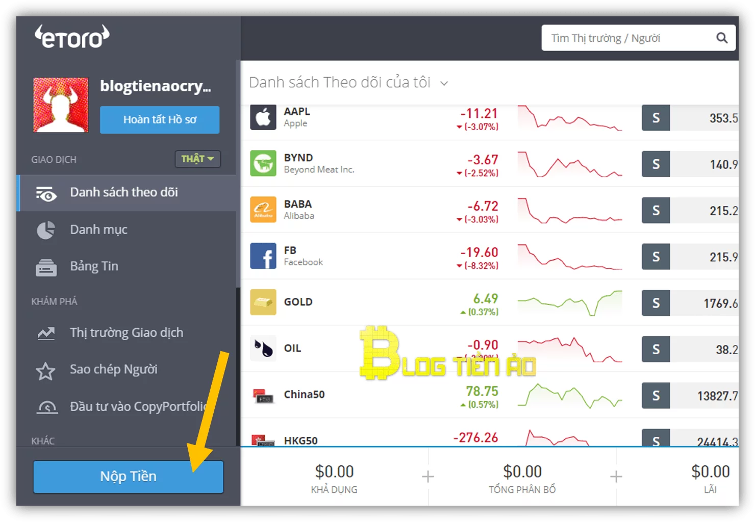 đăng nhập tài khoản etoro và chọn nút nộp tiền