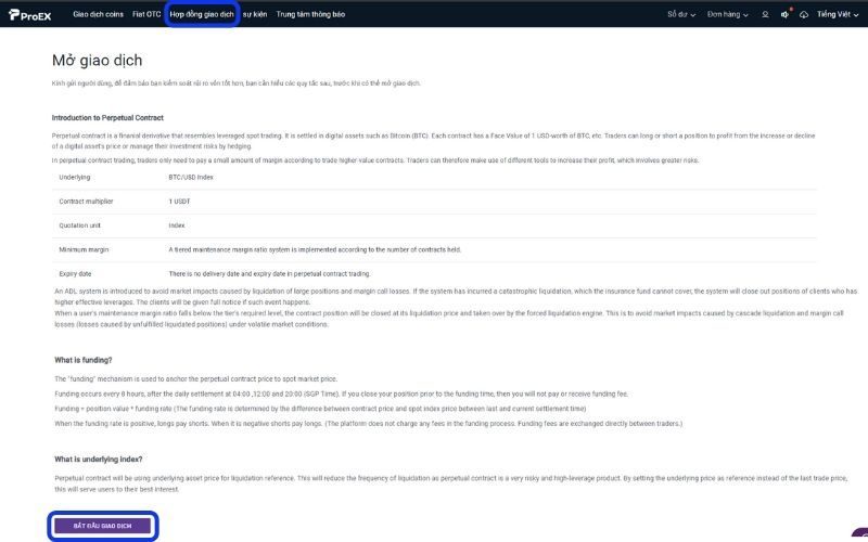 Bắt đầu giao dịch hợp đồng trên sàn proex