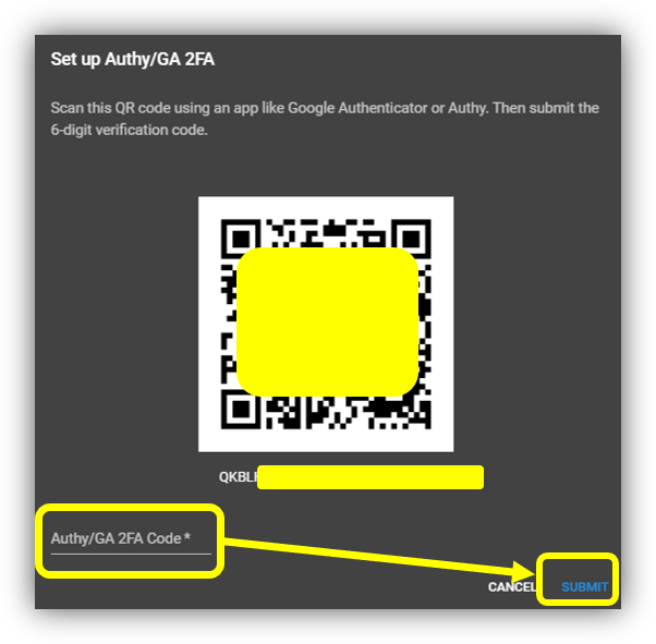 điền code và nhấn submit để bật 2fa