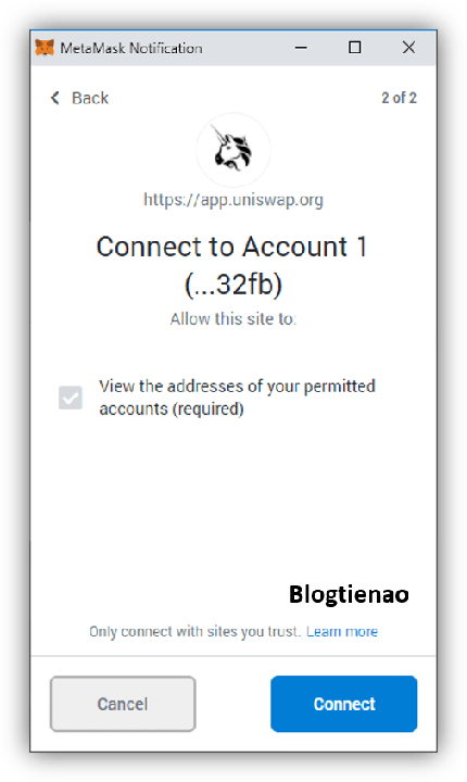 nhấn connect để xác nhận kết nối với uniswap