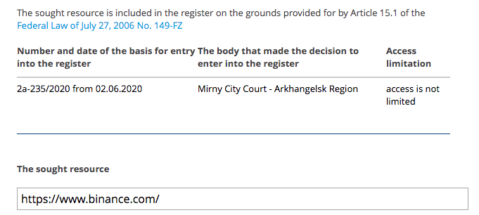 trang web binance nằm trong danh sách đen của Nga