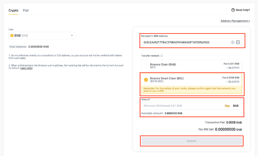 gửi bnb đến ví metamask