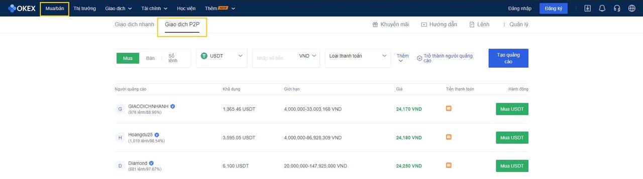 trang giao dịch p2p trên sàn okex