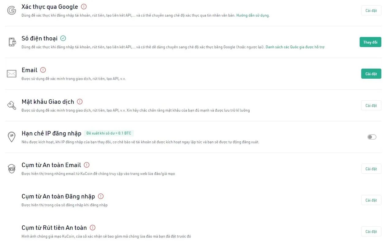 bảo mật tài khoản kucoin