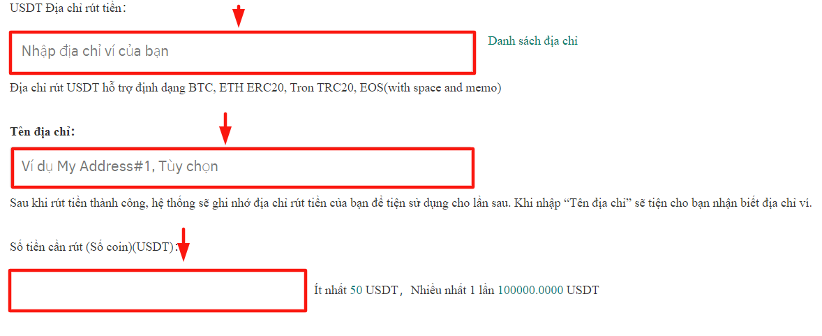 điền địa chỉ rút tiền 