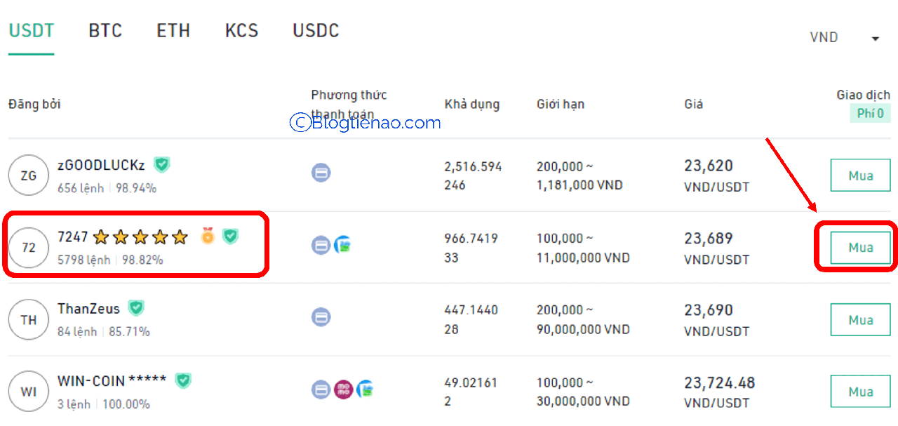 chọn người bán usdt