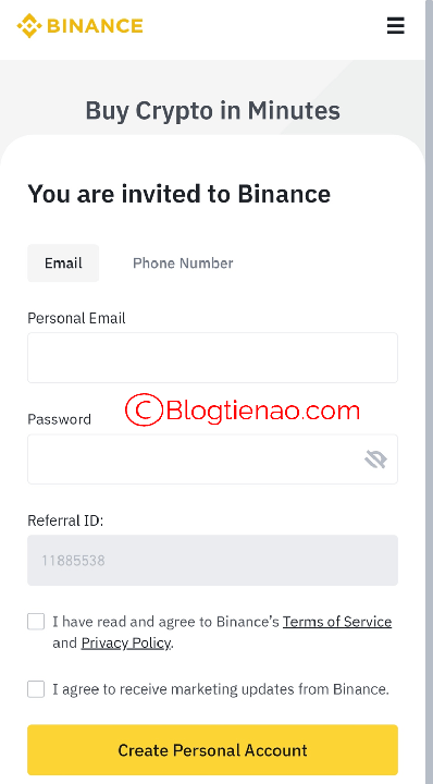 b2 điền thông tin đăng ký binance