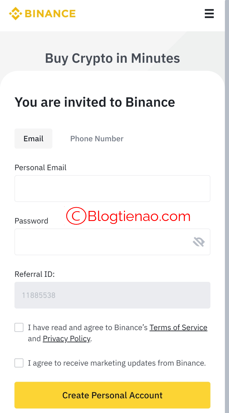 b2 preencha as informações de registro do binance