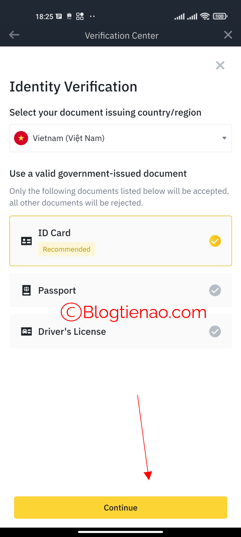 selecione o documento binance kyc