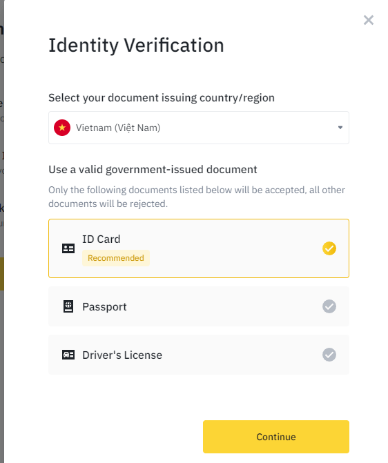 kyc binance web chọn giấy tờ