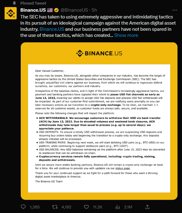 binance us thông báo