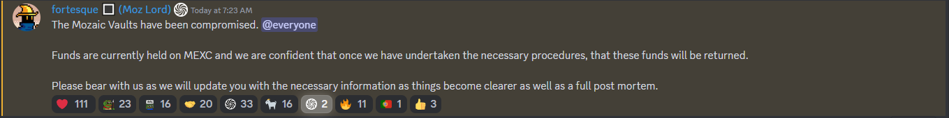 Tuyên bố của Mozaic Finance xác nhận vụ hack. Nguồn: Mozaic Finance, Discord.