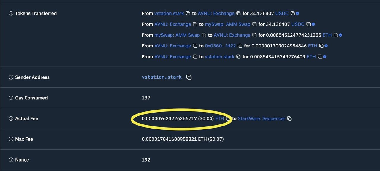 Phí gas Starknet. Nguồn: Starknet trên X