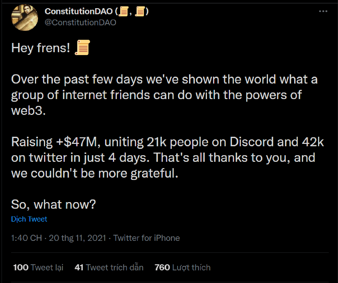 ConstitutionDAO đã kêu gọi được $47M chỉ trong bốn ngày