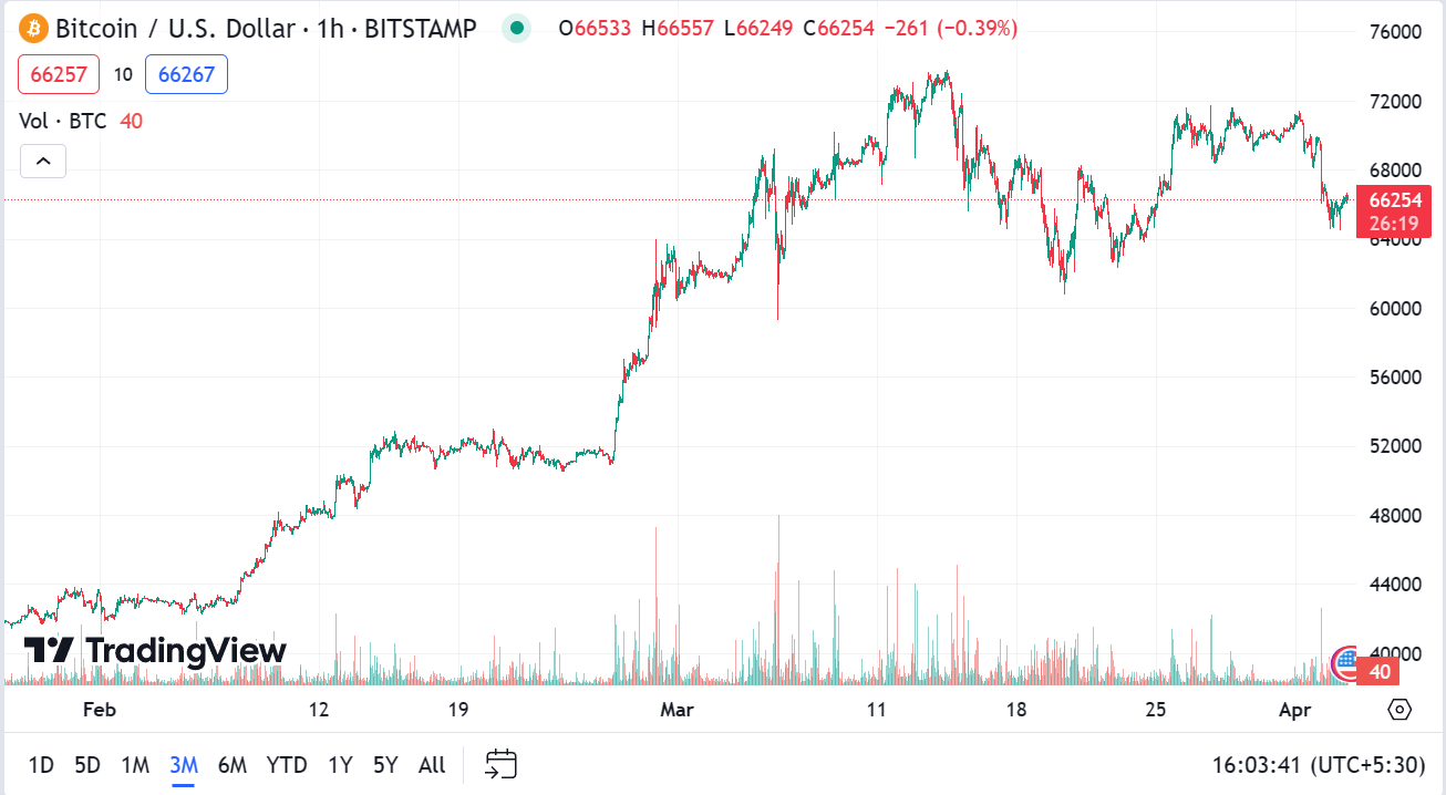 Biểu đồ giá Bitcoin (BTC/USD) từ tháng 2 năm 2024 đến nay. Nguồn: TradingView