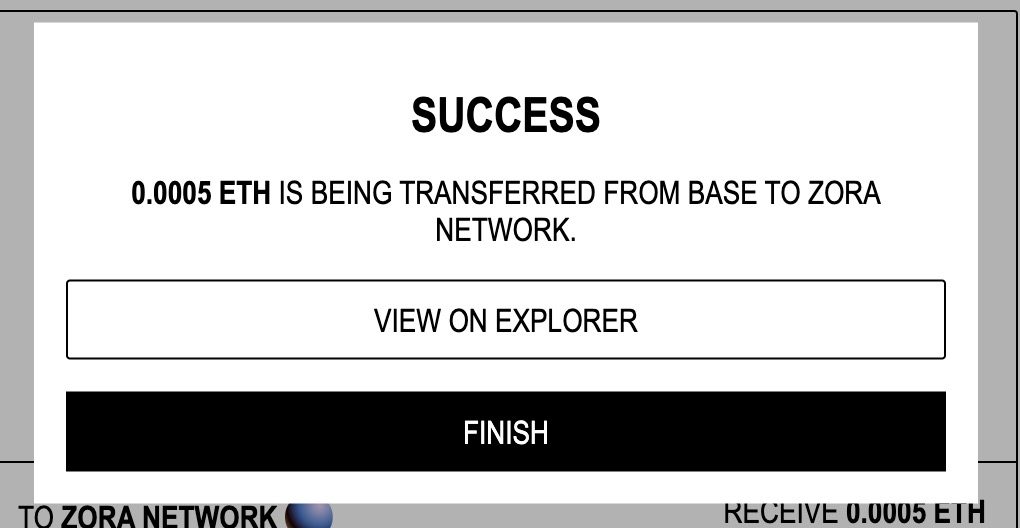 Chuyển ETH sang Zora thành công