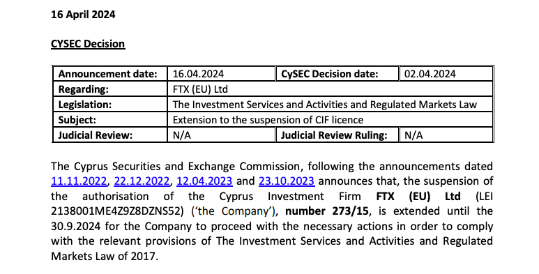 Trích từ quyết định của CySEC liên quan đến FTX Châu Âu. Nguồn: CySEC