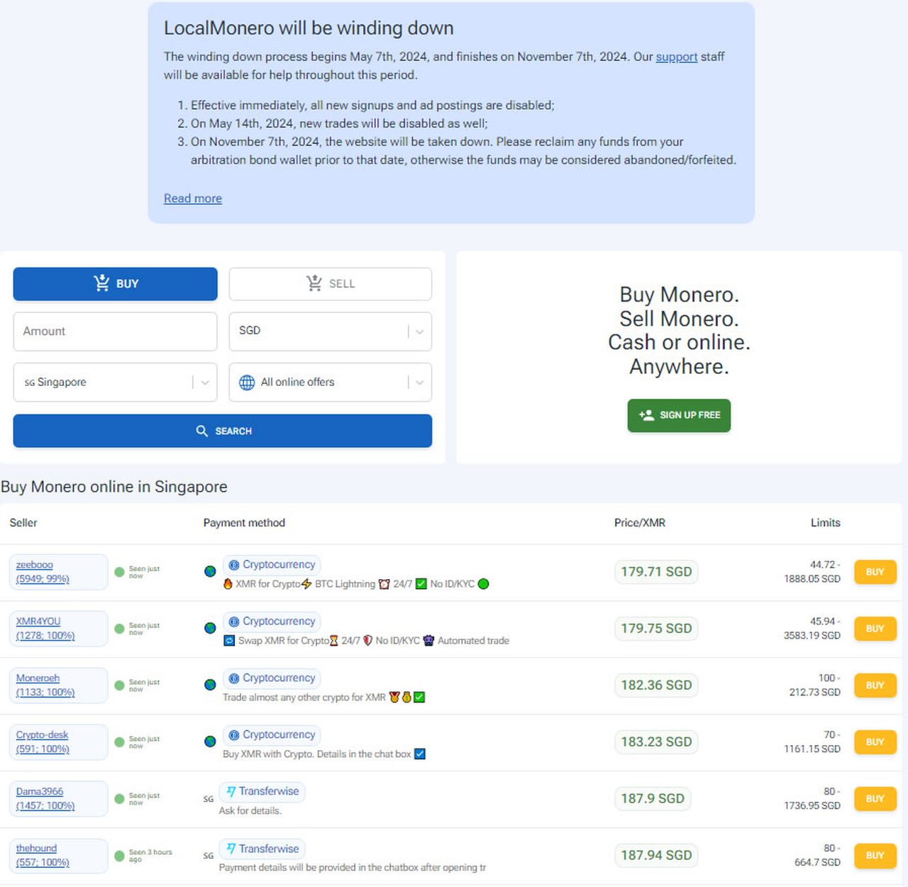 Ảnh chụp màn hình thông báo đóng cửa trên localmonero.co.