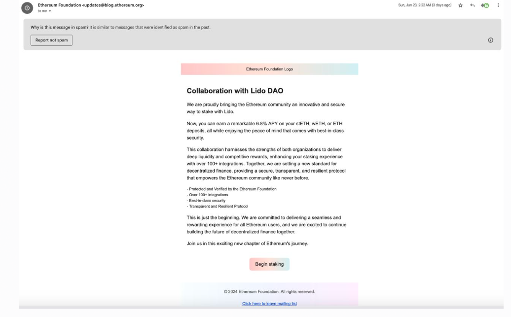 Tin tặc Ethereum Foundation lừa đảo qua email. Nguồn: Ethereum Foundation