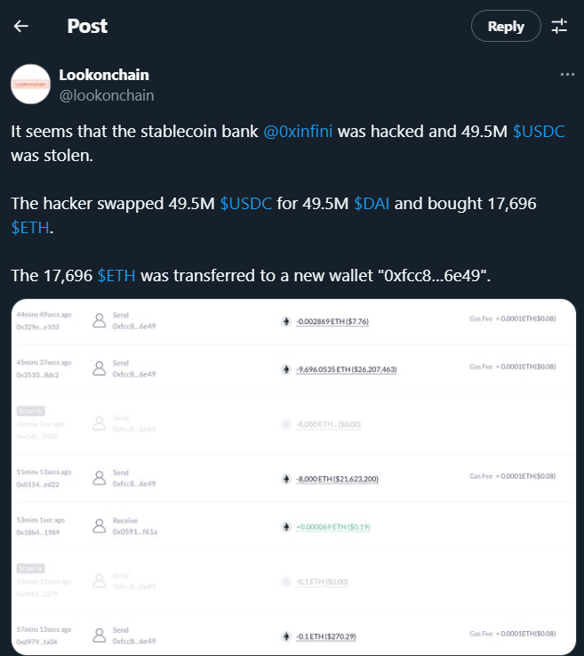 Tin tặc tấn công Infini Neobank đã nhanh chóng chuyển đổi số USDC bị đánh cắp thành 49,5 triệu DAI trước khi mua 17.696 ETH. Nguồn: Lookonchain .