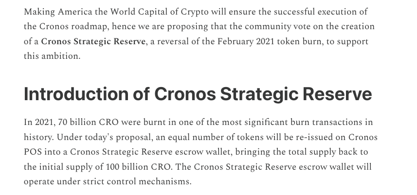 Trích đoạn từ đề xuất bỏ phiếu của Cronos về việc đảo ngược việc đốt token CRO năm 2021. Nguồn: Cronos