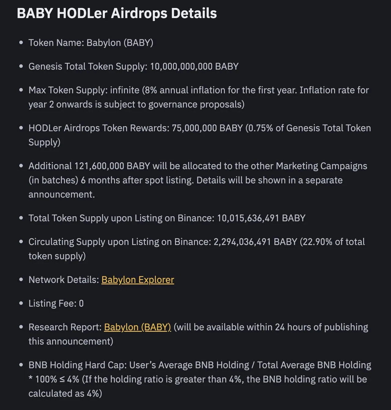 Babylon (BABY) – Dự án thứ 14 trên Binance HODLer Airdrop