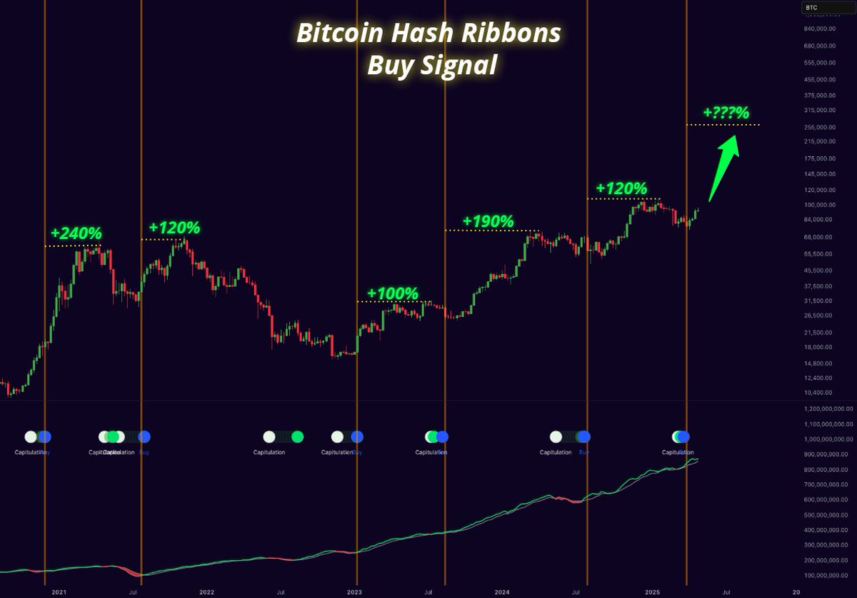 Dữ liệu Bitcoin Hash Ribbons. Nguồn: Mister Crypto/X