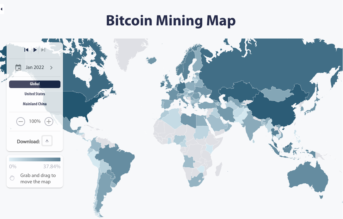 Bản đồ khai thác Bitcoin theo quốc gia tính đến tháng 1 năm 2022. Nguồn: CBECI