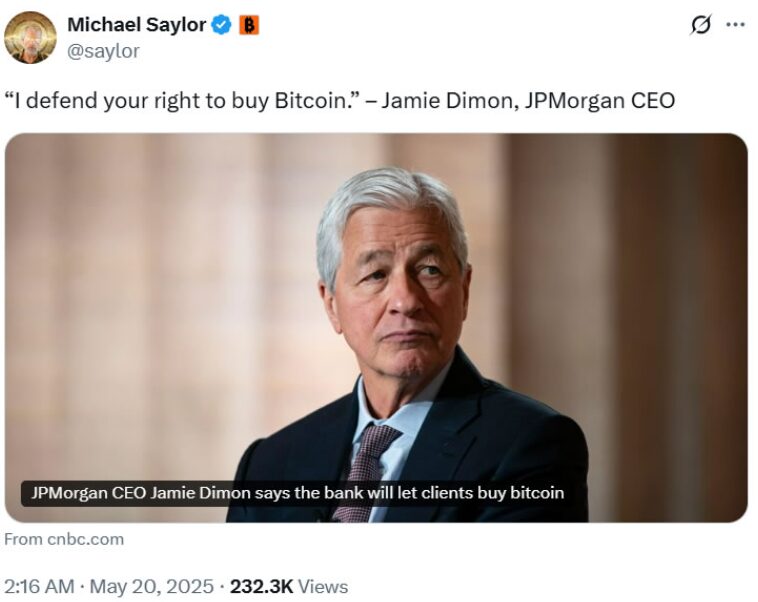 Michael Saylor bình luận về thông báo của Dimon. Nguồn: Michael Saylor