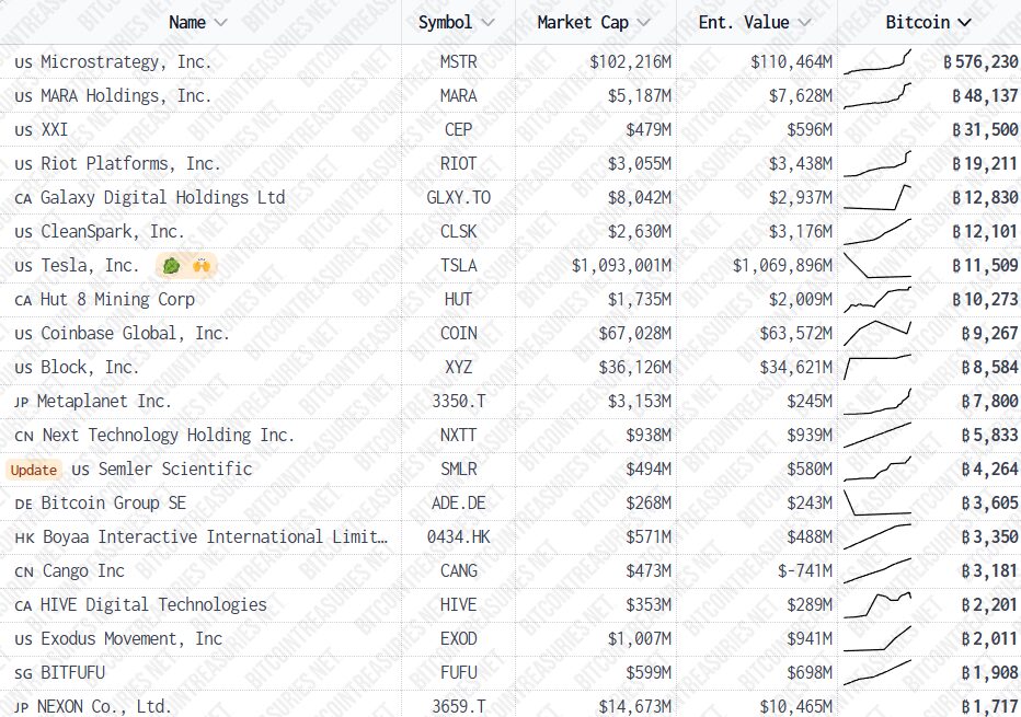 Những công ty nắm giữ Bitcoin lớn nhất (Nguồn: BitcoinTreasuries )