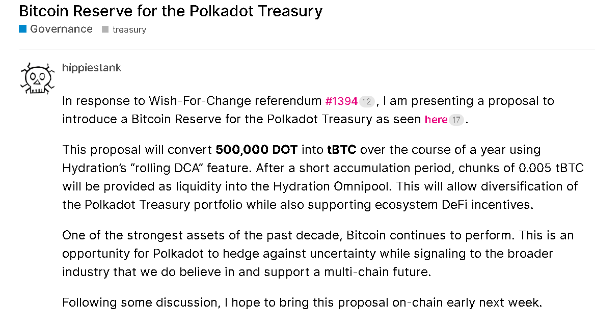 Đề xuất của Polkadot về dự trữ Bitcoin. Nguồn: Diễn đàn Polkadot