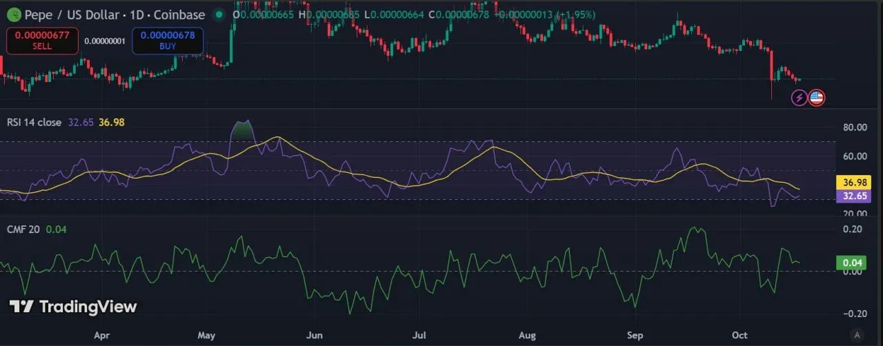 Biểu đồ giá PEPE 1 ngày. Nguồn: TradingView